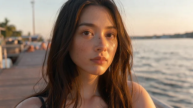 FLUX 3 Klein: A close portrait of a young Thai woman with freckles and loose dark hair on a riverside pier at golden hour, warm rim light, shallow depth of field, natural skin texture, photograph