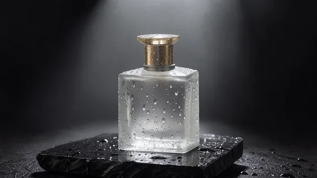 FLUX 3 Klein: A frosted glass perfume bottle standing on wet black basalt stone, water droplets on the glass, a single beam of cool light from above, dark studio, premium product photograph