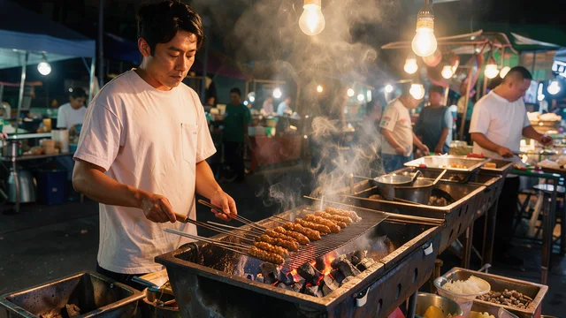 FLUX 3 Klein: A Thai street-food vendor at a night market grilling satay over glowing charcoal, smoke rising through warm bulb light, cinematic photograph