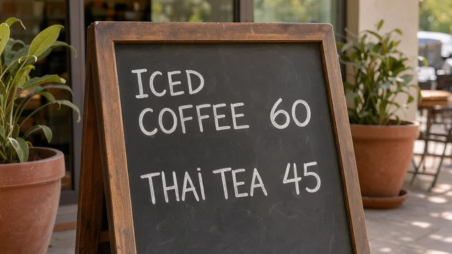 FLUX 3 Klein: A hand-written chalkboard menu outside a small Bangkok cafe that reads "ICED COFFEE 60" and "THAI TEA 45" in neat white chalk letters, potted plants and morning sun, photograph