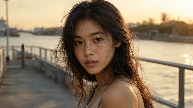 Qwen-Image 2.1: A close portrait of a young Thai woman with freckles and loose dark hair on a riverside pier at golden hour, warm rim light, shallow depth of field, natural skin texture, photograph