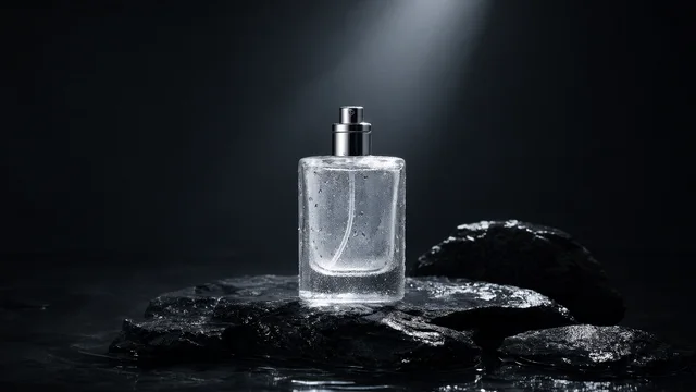 Qwen-Image 2.1: A frosted glass perfume bottle standing on wet black basalt stone, water droplets on the glass, a single beam of cool light from above, dark studio, premium product photograph