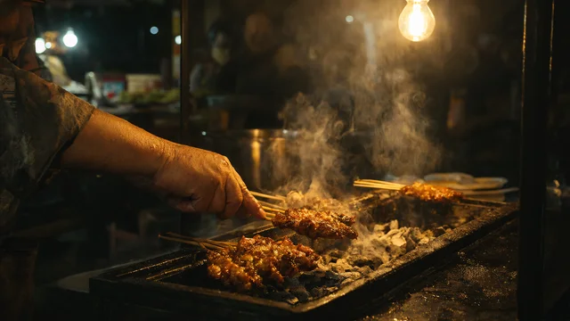 Qwen-Image 2.1: A Thai street-food vendor at a night market grilling satay over glowing charcoal, smoke rising through warm bulb light, cinematic photograph