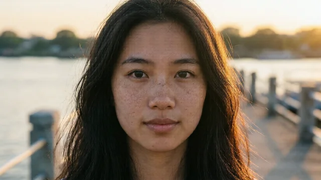 Qwen-Image 2512: A close portrait of a young Thai woman with freckles and loose dark hair on a riverside pier at golden hour, warm rim light, shallow depth of field, natural skin texture, photograph