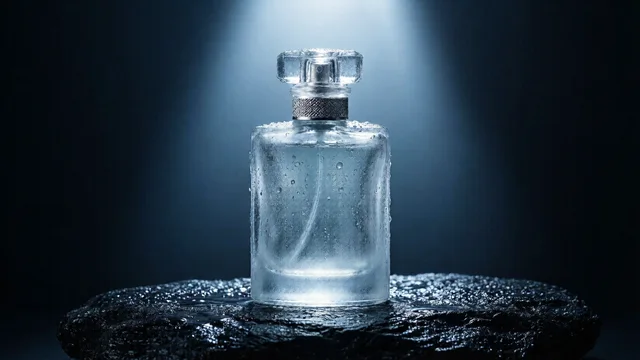 Qwen-Image 2512: A frosted glass perfume bottle standing on wet black basalt stone, water droplets on the glass, a single beam of cool light from above, dark studio, premium product photograph