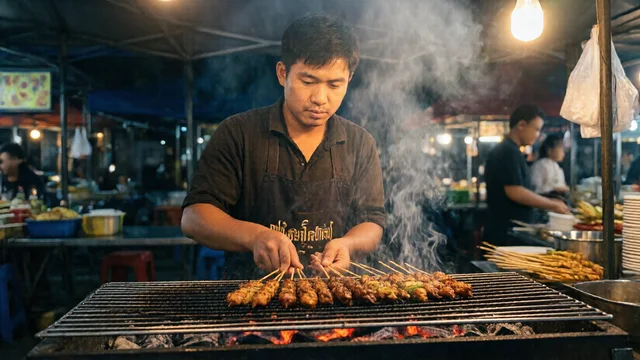 Qwen-Image 2512: A Thai street-food vendor at a night market grilling satay over glowing charcoal, smoke rising through warm bulb light, cinematic photograph