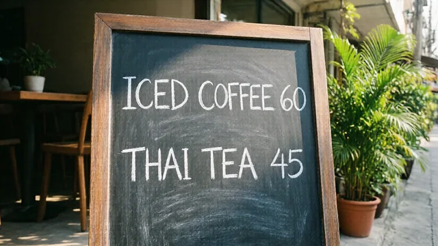 Qwen-Image 2512: A hand-written chalkboard menu outside a small Bangkok cafe that reads "ICED COFFEE 60" and "THAI TEA 45" in neat white chalk letters, potted plants and morning sun, photograph