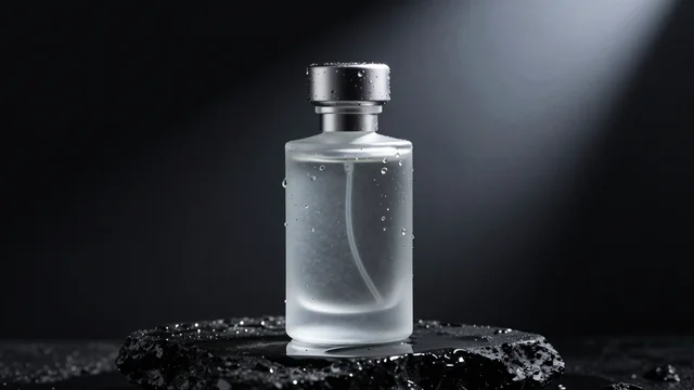 Z-Image Turbo: A frosted glass perfume bottle standing on wet black basalt stone, water droplets on the glass, a single beam of cool light from above, dark studio, premium product photograph