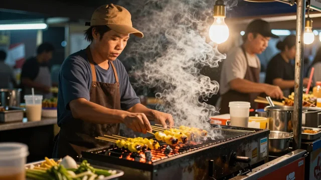 Z-Image Turbo: A Thai street-food vendor at a night market grilling satay over glowing charcoal, smoke rising through warm bulb light, cinematic photograph