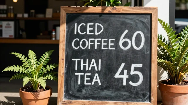Z-Image Turbo: A hand-written chalkboard menu outside a small Bangkok cafe that reads "ICED COFFEE 60" and "THAI TEA 45" in neat white chalk letters, potted plants and morning sun, photograph